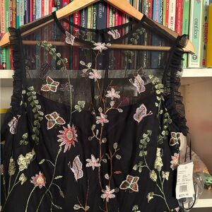 Floral Embroidered Black Mesh Dress